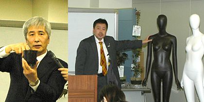 バイオマスプラスチック製品の事例発表（左から）グリーンサポートの伊藤信昭代表取締役、ヤマトマネキンの柴田謙吾東京支店長