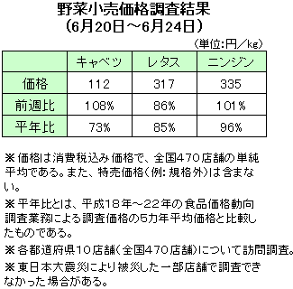 野菜小売価格調査結果（6月20日〜6月24日）