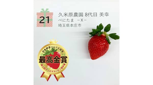「クリスマスいちご」最高金賞は埼玉県本庄市「べにたま－X－」日本野菜ソムリエ協会