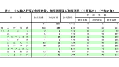 青果物卸売市場　輸入野菜数量は11％減－令和2年