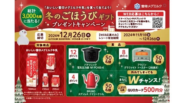 「おいしい雪印メグミルク牛乳」を買って当てる「冬のごほうびギフトプレゼントキャンペーン」実施