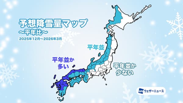 今冬の降雪量　日本海側で平年並から多い予想　太平洋側は雪少なく乾燥注意　ウェザーニューズ