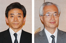 新たに選任された雨宮宏司会長（左）と氣多正専務