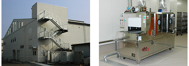 新設の第３実験棟（左）と飼育ケージやトレーの洗浄に使用するケージウォッシャー（右）