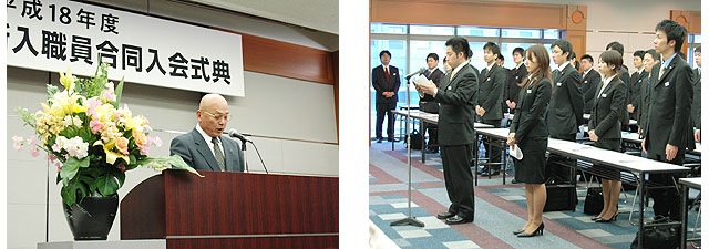 挨拶する野村会長(左)業務への精進を誓う逵さんと林さん(右)