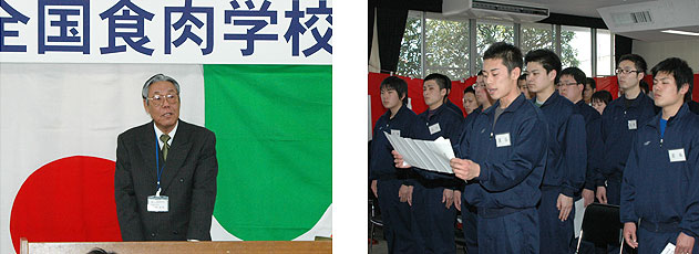 新入生に訓辞する多田学校長（左）誓いのことばを述べる深谷さん（右）