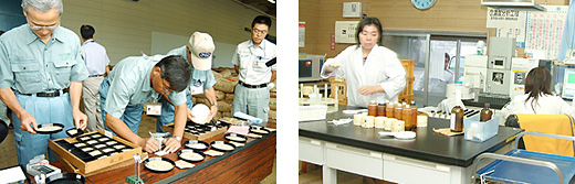 (左)米の検査風景（JAみな穂）　（左）食味分析とカドミウム分析を実施するJAも