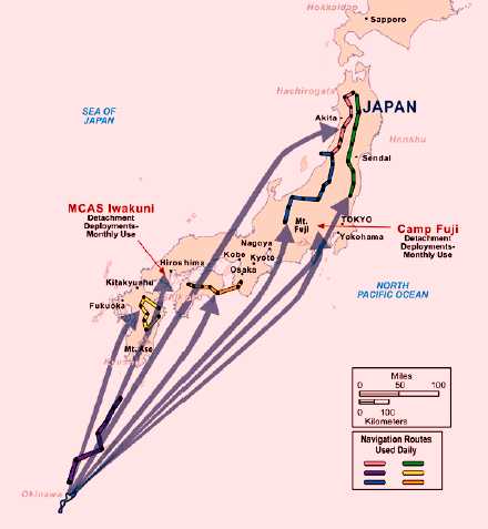 図は、オスプレイの訓練飛行経路。沖縄防衛局ホームページより。当該資料の79ページに記載