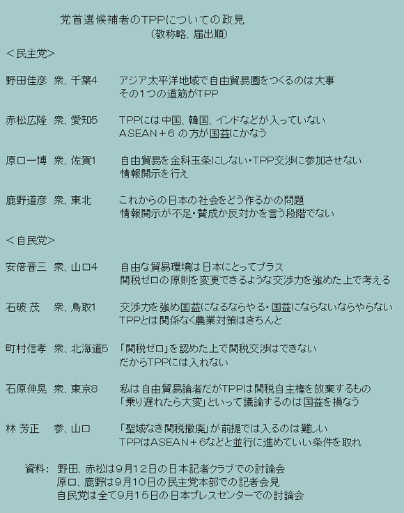 党首選候補者のＴＰＰについての政見