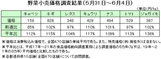 野菜小売価格調査結果（５月31日〜６月４日）