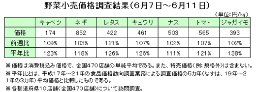 野菜小売価格調査結果（６月７日〜11日）