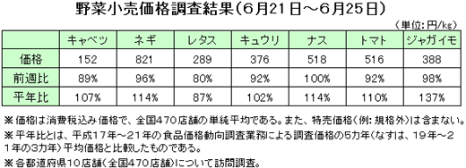 野菜小売価格調査結果（6月21日〜25日）