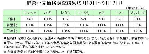 野菜の小売価格調査（9月13日〜17日）