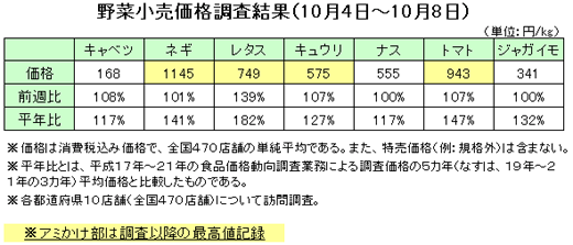 野菜の小売価格調査（10月4日〜10月8日）