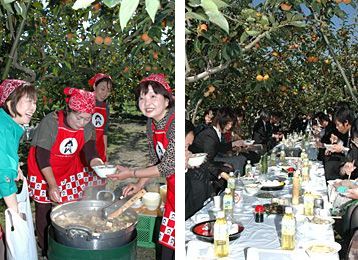 足立組合長の農園で柿狩りと女性部の手づくり昼食を楽しむ