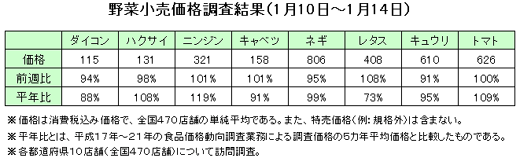 野菜の小売価格調査（1月10日〜１月14日）