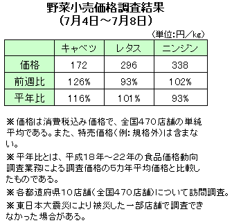 野菜小売価格調査結果（7月4日〜7月8日）