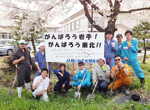 ＪＡ新いわて青年部北部中央支部が手作り立て看板で被災地を応援（5月3日、写真提供＝ＪＡ新いわて）