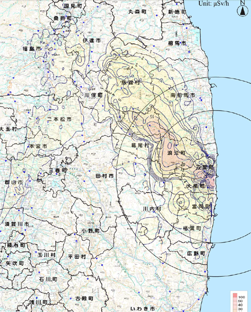 原発事故から１年、来年３月11日までの積算線量推定マップ。浪江町では200mSvに。中通りでも５〜10mSvと推定されている（文科省６月11日）