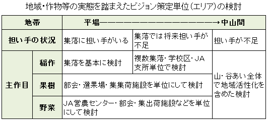 地域・作物等の実態を踏まえたビジョン策定単位（エリア）の検討