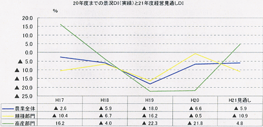 20年度までの景況ＤＩ（実績）と21年度経営見通しＤＩ