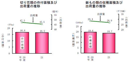 切り花類・鉢もの類の作付面積と出荷量の推移