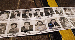 米韓ＦＴＡ廃止集会の会場に地べたに貼った151人の米韓ＦＴＡ賛成議員の顔写真