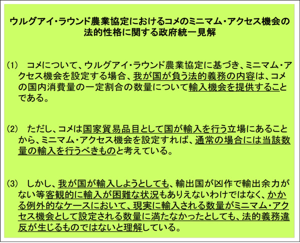 我が国のミニマム・アクセス米の取扱いについての平成6年5月27日の衆議院予算委員会での加藤六月農林水産大臣の答弁