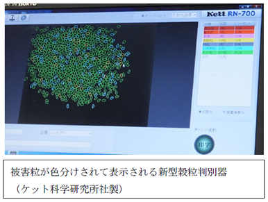 被害粒が色分けされて表示される新型穀粒判別器（ケット科学研究所社製）