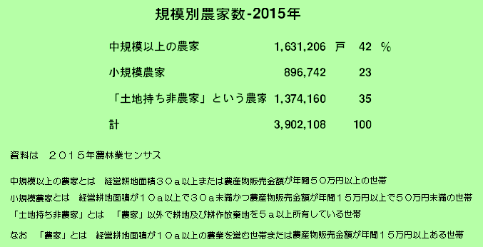 規模別農家数-2015年　中規模以上の農家、小規模農家、「土地持ち非農家」という農家