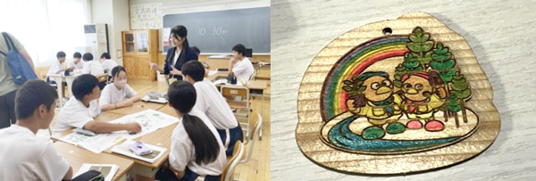 左から、ゲームを通じて林業の流れを学ぶ生徒、埼玉県産材で作られたティンバークラフト
