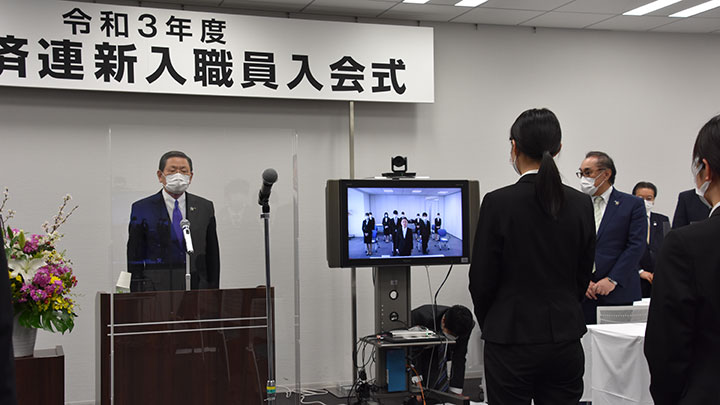 愛知県本部からテレビ会議システムで決意を語る近田萌木さん