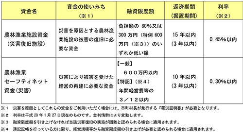 大雪被害で 相談窓口設置 日本公庫【主な資金制度】