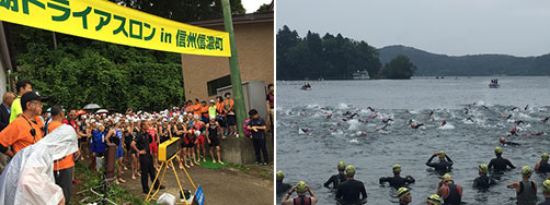 スタート前の参加者、野尻湖を泳ぐスイム