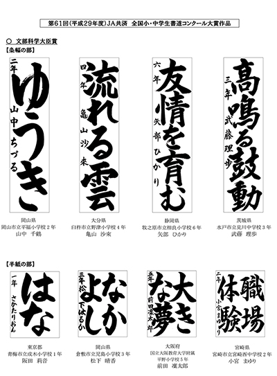 第61回（平成29年度）ＪＡ共済 全国小・中学生 書道コンクール　文部科学大臣賞受賞作品