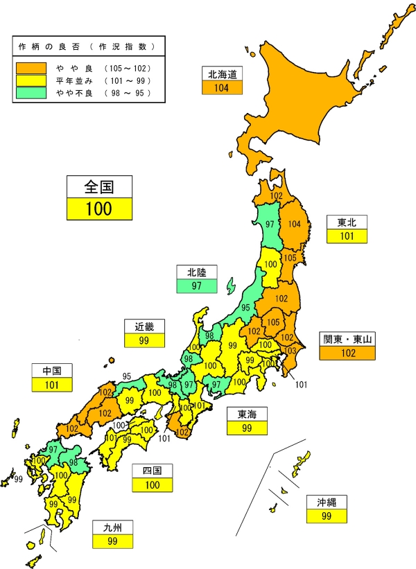 全国作況は「100」　9月25日現在　新潟・鳥取は「95」　主食作付け面積　過去最低