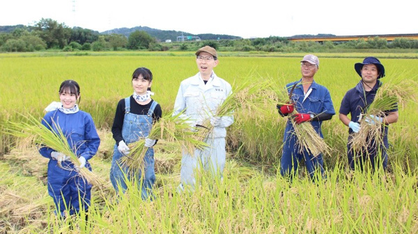「福、笑い」の稲刈りに参加した内堀知事（中央）ら参加者（9月22日、いわき市）