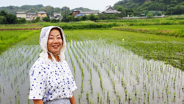 【稲作農家の声】地域の支えで農的暮らし有機栽培をしている田んぼの前に立つ小林朋子さん（千葉県南房総市）