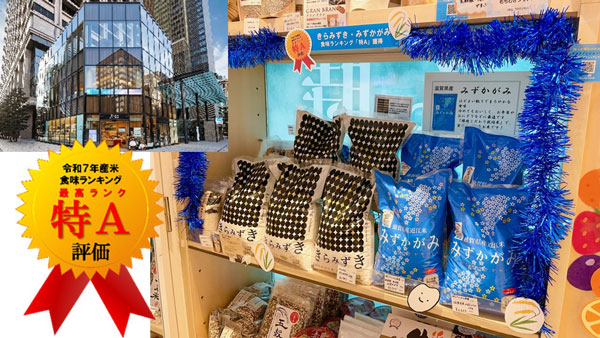 「ここ滋賀」に設置された令和7年産「きらみずき」と「みずかがみ」の特設コーナー