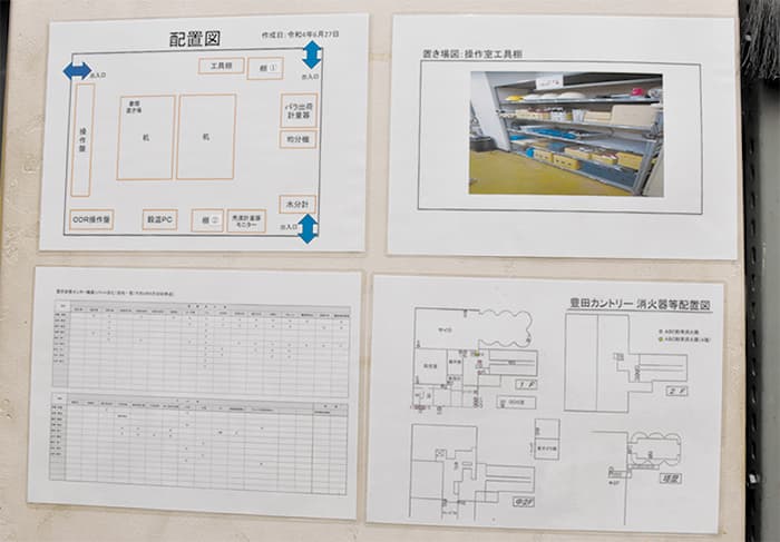 消火器の配置図を事務所内に掲示（写真左上）