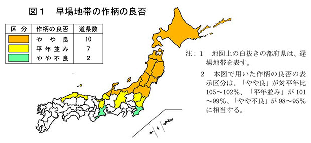 水稲作柄　北海道、東北、北陸は「やや良」－８月15日現在