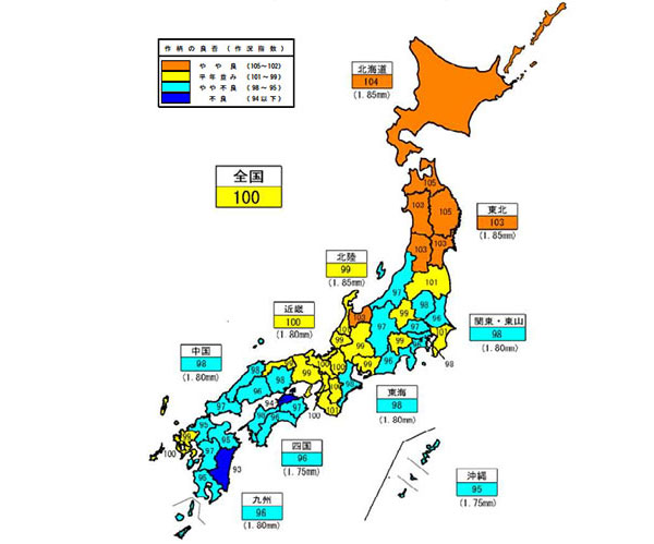 全国農業地域・都道府県別作況指数（10月15日現在）