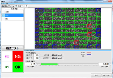 ＰＣモニターでの検査画面イメージ。緑は適正な分布、赤は高密度、青は低密度を示す。