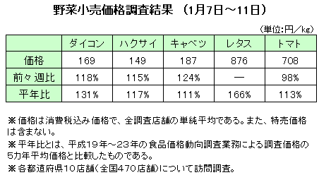 レタス価格平年比66％　野菜小売価格