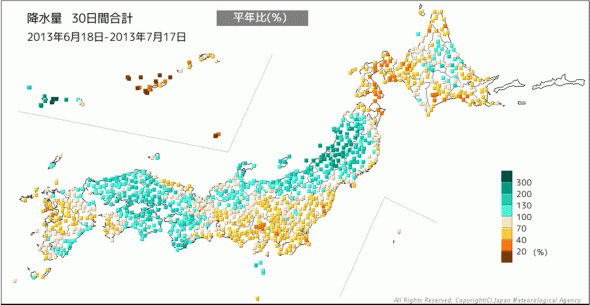 太平洋側は例年に比べて高水量が少ない