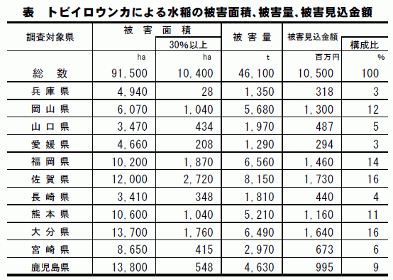 西日本のトビイロウンカ　被害額105億円