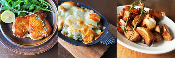 左から、赤鶏のレモンガーリックチキン、ブロッコリーとゆでたまごのマヨネーズグラタン、トスカーナ風フライドポテト