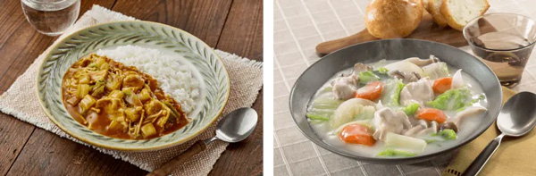 白菜の甘みたっぷりのカレー（左）と白菜たっぷりシチュー