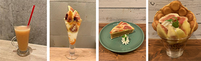 左から、みのりカフェアミュプラザ博多店の「フレッシュジュース」、「パフェ」、  みのりカフェ福岡パルコ店の「タルト」、「バブルワッフル」