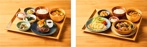 自家製ハンバーグが自慢の「みのる定食」（左）と二品のメイン料理を楽しめる「みのるのごちそう定食」。定食の小鉢では旬の加賀野菜を使用した自家製の惣菜を提供